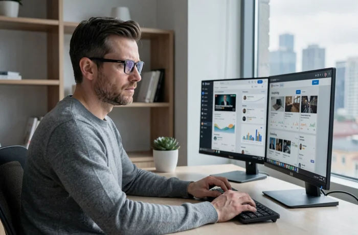 Entrepreneur masculin travaillant sur une stratégie de croissance digitale depuis un bureau à domicile avec des outils de webmarketing