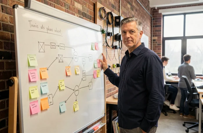 Entrepreneur présentant une stratégie de présence numérique sur un tableau blanc dans un studio de startup créatif