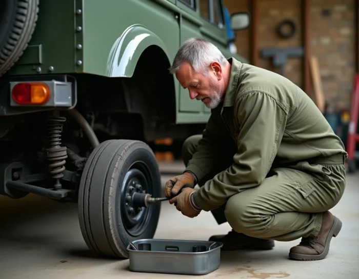 Mécanicien inspectant la suspension d'une Peugeot P4 réformée dans un atelier privé