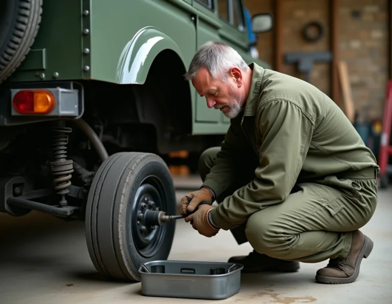 Mécanicien inspectant la suspension d'une Peugeot P4 réformée dans un atelier privé