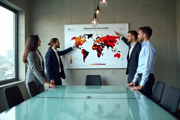 Équipe de professionnels analysant une infographie mondiale des taux d'imposition par pays pour le bilan fiscal international 2024