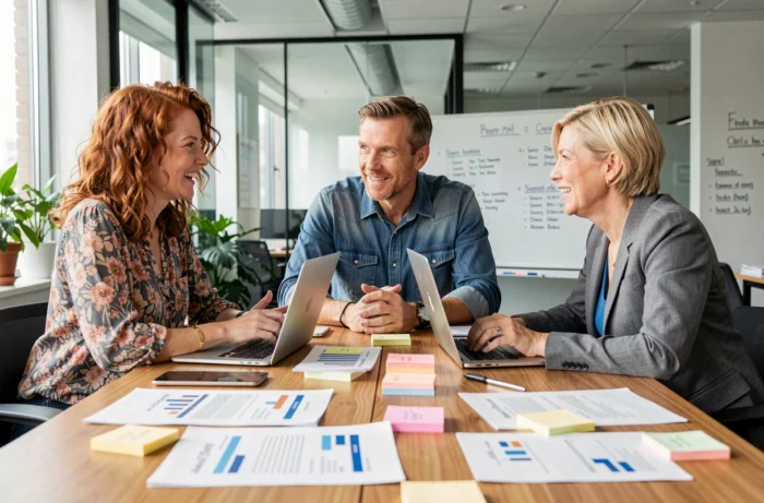Équipe éditoriale discutant des dernières tendances autour d'une table dans un bureau médiatique moderne