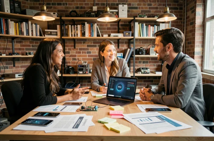 Équipe de professionnels discutant des dernières innovations numériques autour d'un bureau connecté dans un studio startup