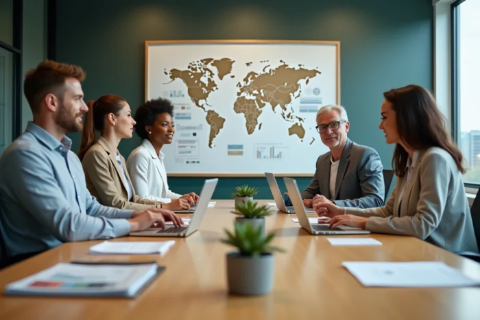 Équipe multiculturelle d'entreprise analysant des rapports sur la croissance économique durable autour d'une table de réunion contemporaine