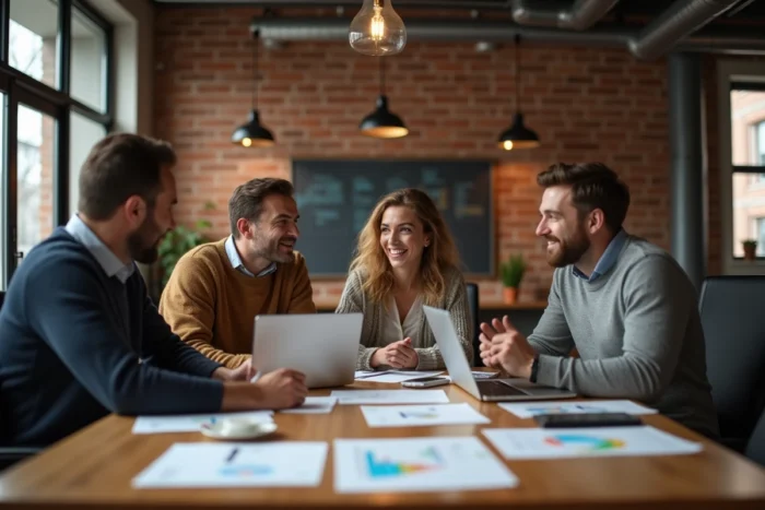 Équipe de professionnels en réunion de stratégie autour d'une table en bois dans une salle de conférence contemporaine