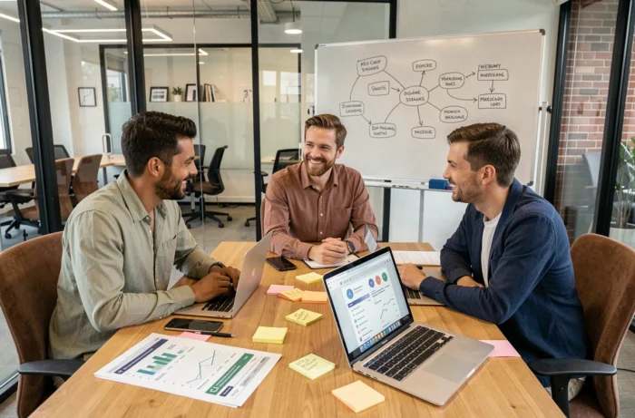 Équipe de professionnels collaborant autour d'une stratégie de webmarketing digital pour accélérer la croissance d'une entreprise