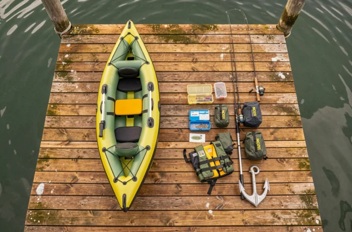 Vue de dessus d'un canoë gonflable et équipement de pêche en mer disposés sur un ponton en bois
