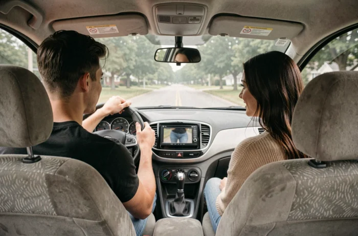Un couple en train d'effectuer un essai routier d'une voiture d'occasion compacte, intérieur du véhicule