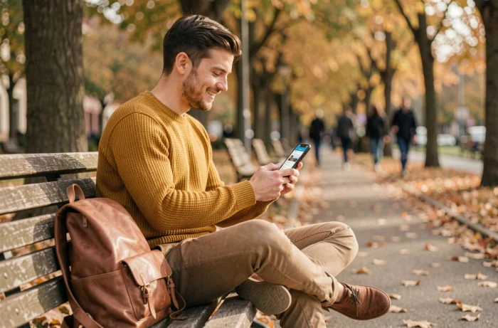 Jeune professionnel explorant ses talents personnels avec une application de bilan de carrière dans un parc urbain