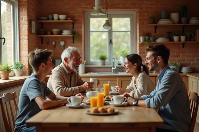 Famille réunie autour du petit-déjeuner dans une cuisine chaleureuse, partageant un moment de complicité et de sérénité au quotidien