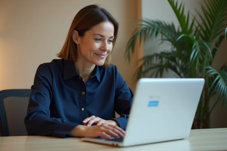 Femme administrative utilisant un logiciel de planning sur ordinateur portable dans un bureau professionnel de service à domicile