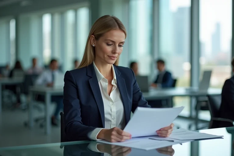 Femme d'affaires confiante en blazer marine consultant des documents dans un bureau moderne avec vue sur la ville