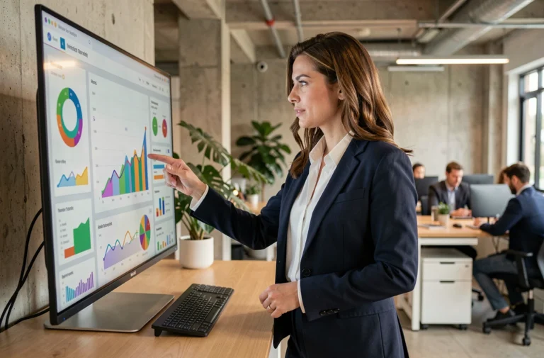 Femme professionnelle analysant des tableaux de bord marketing digital dans un bureau moderne pour booster la croissance de son entreprise