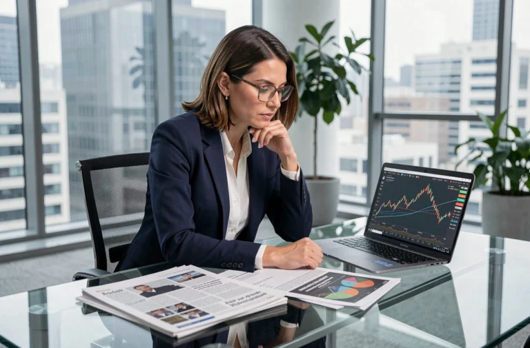 Femme professionnelle analysant des données financières et des graphiques boursiers sur un bureau en verre dans un bureau moderne avec vue sur la ville
