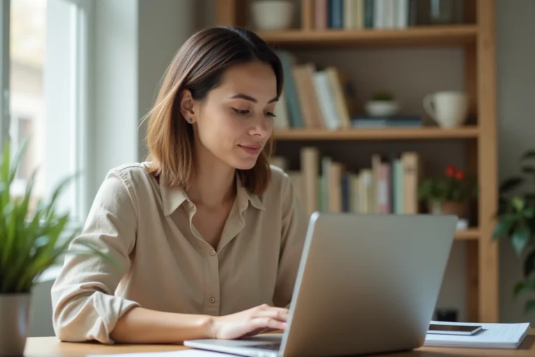 Femme postant une annonce gratuite en ligne depuis son bureau à domicile sur un ordinateur portable