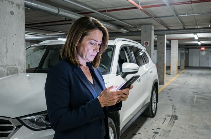 Femme consultant une application de localisation Bluetooth pour surveiller sa voiture dans un parking souterrain