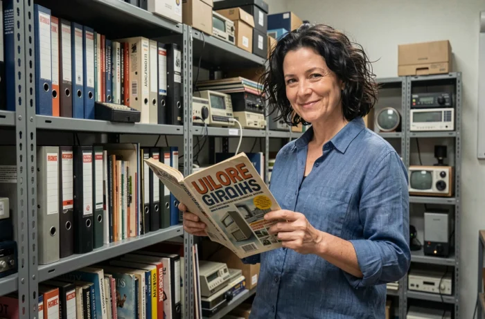 Femme tenant un ancien numéro de PC Expert devant une étagère d'archives remplie de magazines informatiques rétro
