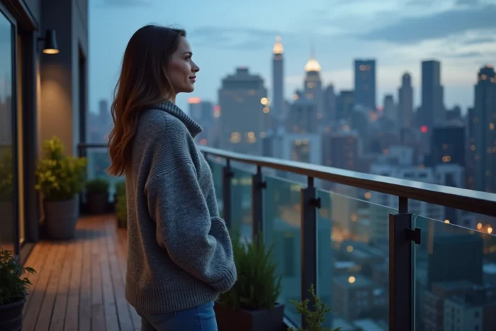 Jeune femme sur le balcon d'un appartement urbain en location personnalisée contemplant la skyline de la ville