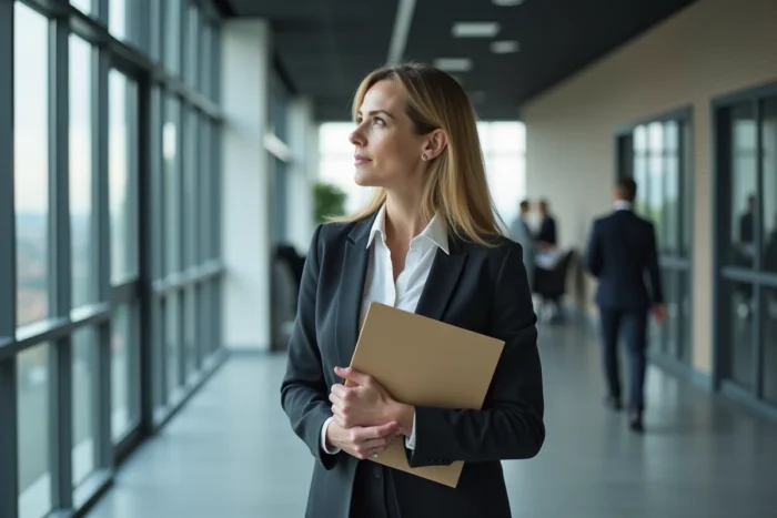 Femme cadre dans un couloir de bureau moderne, évoquant la pression professionnelle et les divorces dans les catégories socioprofessionnelles supérieures