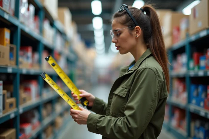 Femme comparant des mètres rubans dans un magasin de bricolage avec des rayons remplis d'équipements