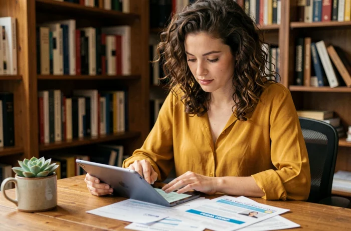 Jeune femme consultant des documents de mutuelle santé sur une tablette dans un bureau à domicile chaleureux, illustrant le choix d'une protection santé engagée