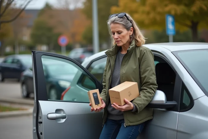 Femme tenant un boîtier GPS pour voiture dans un parking, prête à comparer les options d'installation