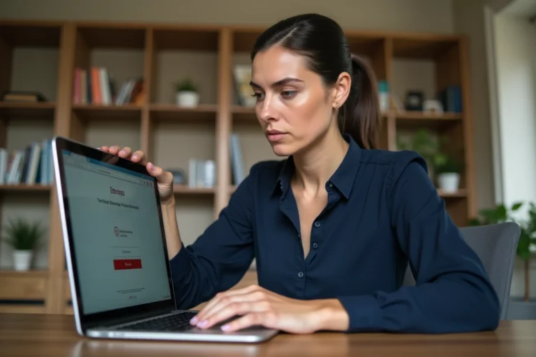 Femme en télétravail tentant de se connecter à un webmail sur son ordinateur portable avec un message d'erreur affiché