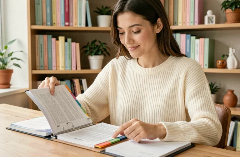 Jeune femme consultant un classeur bien organisé avec des onglets colorés dans un bureau cosy, symbolisant l'accès à des ressources éducatives pour enfants