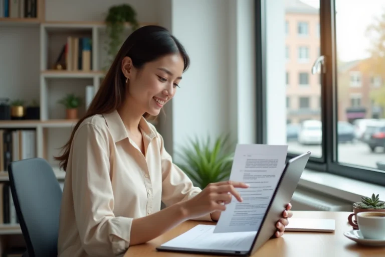 Femme consultant un contrat de location sur tablette dans un bureau à domicile moderne, illustrant la simplicité de la plateforme Locamoi