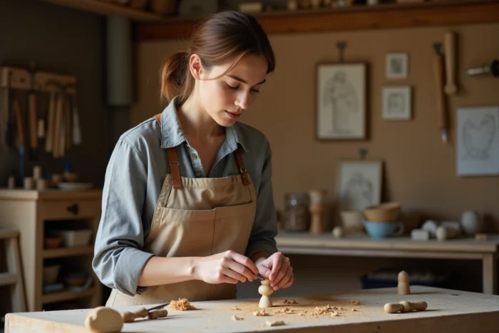 Femme débutante en sculpture sur bois tenant un ciseau à bois et sculptant une petite figurine en bois sur un établi d'atelier artisanal