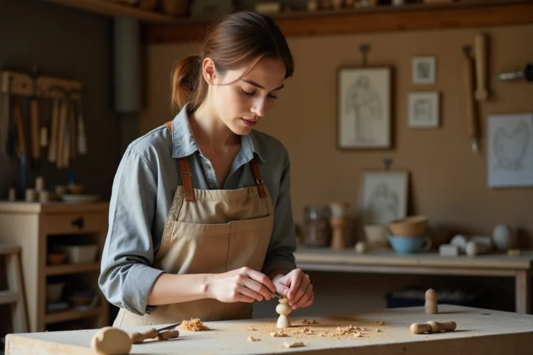 Femme débutante en sculpture sur bois tenant un ciseau à bois et sculptant une petite figurine en bois sur un établi d'atelier artisanal