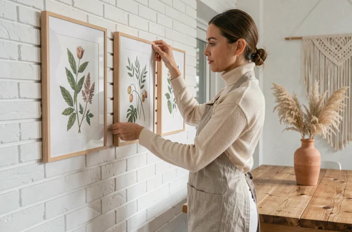 Femme accrochant des illustrations botaniques encadrées sur un mur en brique blanche dans une salle à manger de style scandinave
