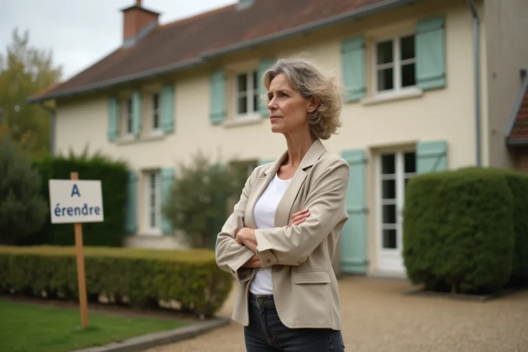 Femme devant une maison à vendre en banlieue française, réfléchissant au bon moment pour revendre son bien immobilier