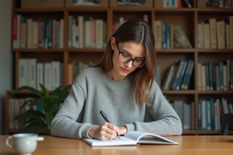 Femme écrivant dans un carnet avec des livres de grammaire française en arrière-plan, illustrant la réflexion sur l'orthographe de 'à tout à l'heure'