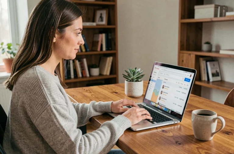 Femme connectée à son espace client en ligne depuis un bureau à domicile pour gérer ses commandes