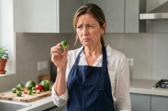 Femme française faisant la grimace en tenant un chou de Bruxelles dans sa cuisine, réaction typique face au légume le moins apprécié