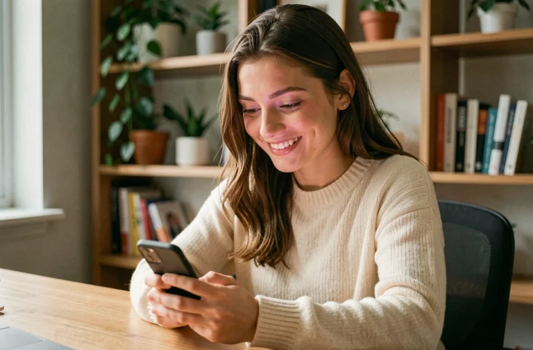 Jeune femme souriante qui consulte son compte Instagram sur smartphone pour gagner des abonnés rapidement