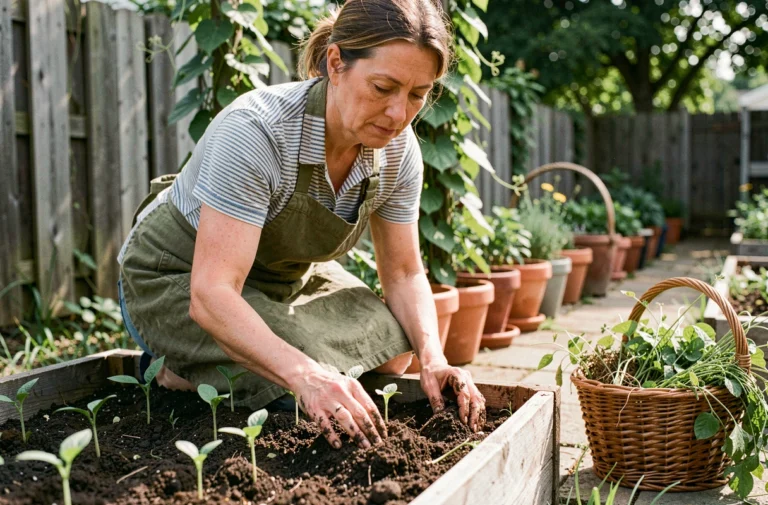 Femme jardinant en plein air dans un potager bio surélevé, plantant des semis dans une terre riche et sombre avec les mains nues