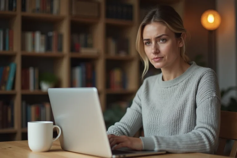 Femme devant son ordinateur portable consultant un message d'erreur sur sa messagerie Laposte bloquée