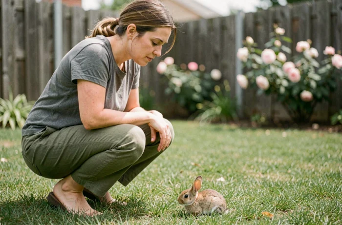 Femme accroupie dans un jardin observant un bébé lapin sauvage posé sur l'herbe sans le toucher
