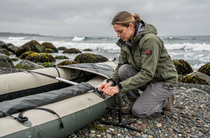 Femme inspectant un canoë gonflable dégonflé sur une plage de galets avant une sortie de pêche en mer