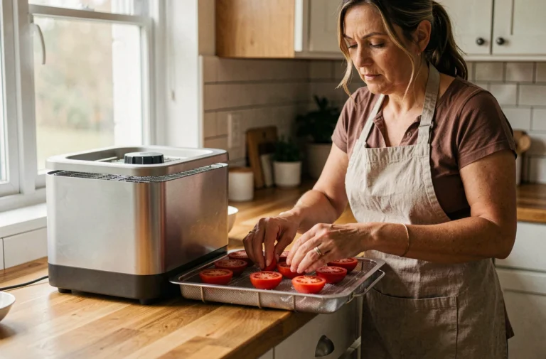 Femme disposant des tomates coupées en deux sur les plateaux d'un déshydrateur alimentaire dans une cuisine rustique en bois