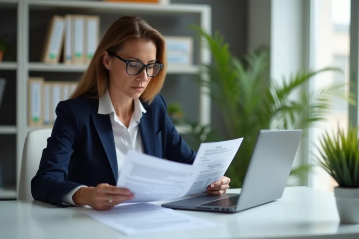 Femme professionnelle analysant des documents de défiscalisation à son bureau à domicile en 2024