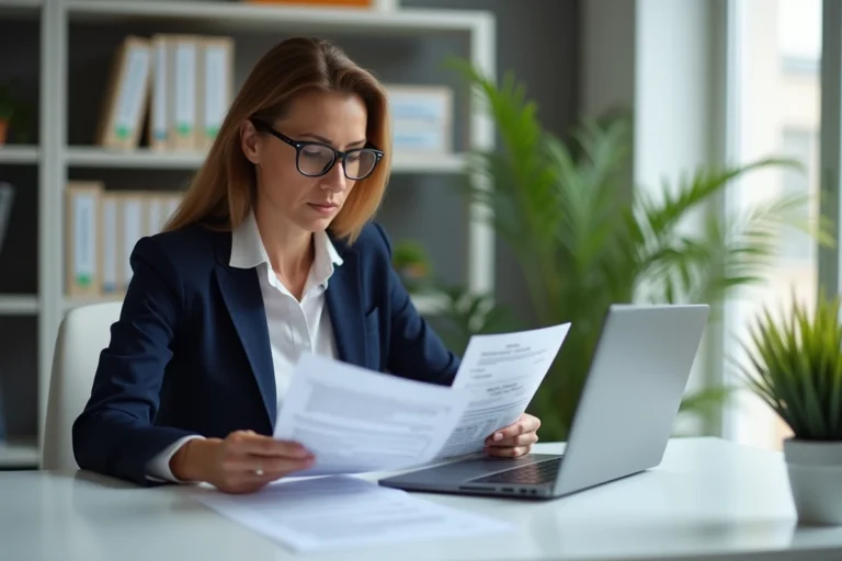 Femme professionnelle analysant des documents de défiscalisation à son bureau à domicile en 2024
