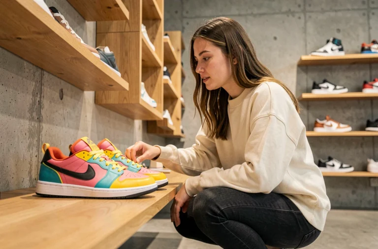 Jeune femme examinant des sneakers tendance dans une boutique moderne aux étagères en bois brut et murs en béton