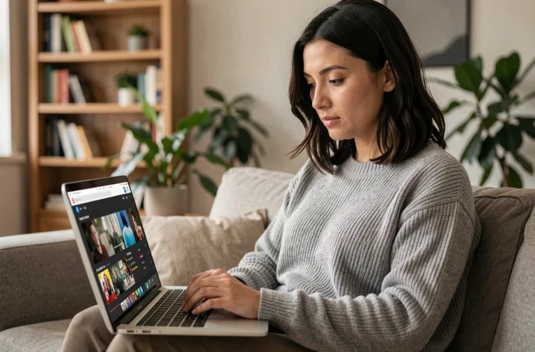 Femme utilisant un site de streaming sur son ordinateur portable dans un salon moderne et cosy