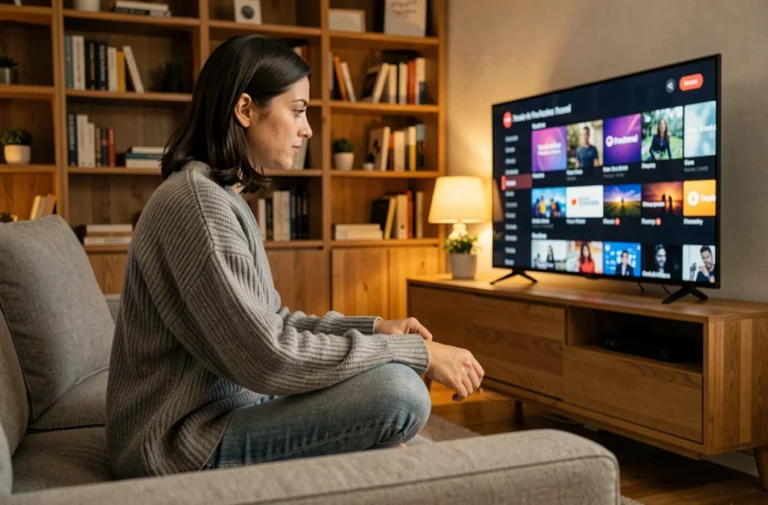 Femme regardant une plateforme de streaming vidéo sur sa télévision dans un salon moderne et cosy