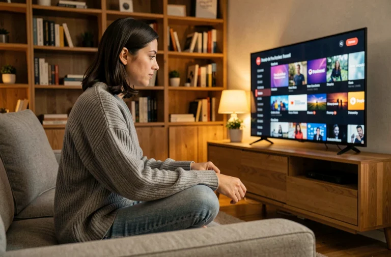 Femme regardant une plateforme de streaming vidéo sur sa télévision dans un salon moderne et cosy