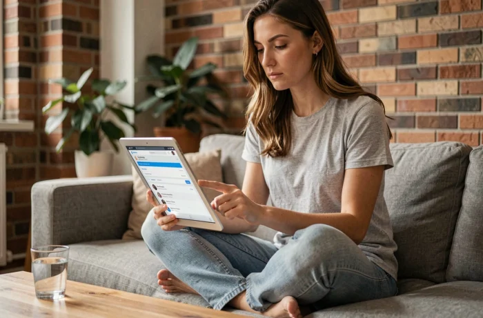 Jeune femme utilisant une tablette pour télécharger un fichier en toute sécurité sur son canapé