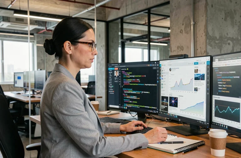 Femme professionnelle analysant des tableaux de bord numériques et des actualités tech sur plusieurs écrans dans un open space moderne